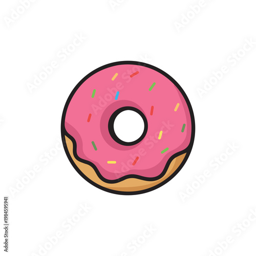 Pink Glazed Donut with Colorful Sprinkles, Sweet Strawberry Frosted Doughnut Vector Icon, Delicious Dessert Food Illustration for Stickers and Prints