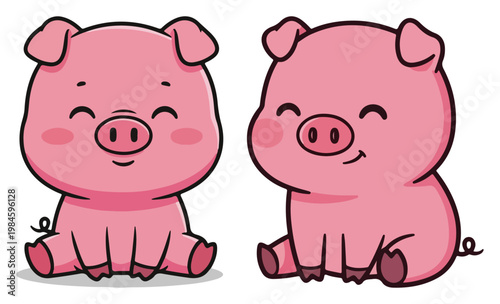 Foto Cute Pink Pig Character Set, Happy Little Piglet Cartoon Mascot, Farm Animal Vec