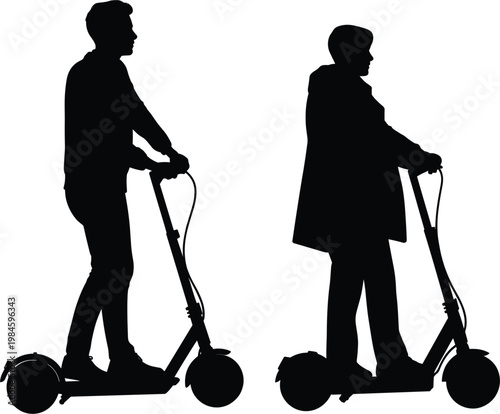 Electric scooter riders silhouettes, urban mobility transport for modern city lifestyle illustration