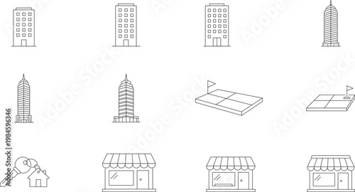 Vector Icon Set of 12 Hand-Drawn Minimalist Black Line Icons Featuring Skyscrapers, Apartment Buildings, Real Estate Land Parcels, Storefronts, and House Keys for Urban Architecture and Business.