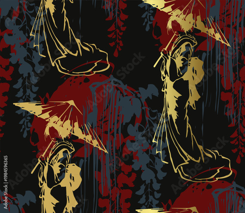 traditional woman abstract seamless pattern design brush strokes japanese chinese vector ink traditional asian design isolated