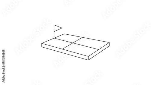 Minimalist black line vector icon illustration of a land parcel or rectangular plot of land with a marking flag, representing real estate development, property site, surveying, and land ownership.