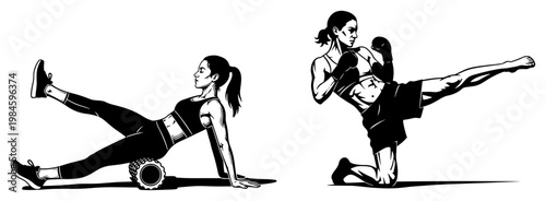 Female Fitness and Kickboxing Silhouette Set, Woman Using Foam Roller and Performing Martial Arts High Kick Vector Illustration