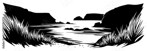 Coastal Landscape Panorama Silhouette, Sea Cliffs and Ocean Bay with Grass Foreground, Nature Scenic Vector Illustration