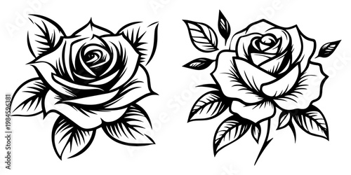 Rose Flower Tattoo Design Set, Vintage Floral Engraving with Leaves, Romantic Botanical Garden Line Art Vector Illustration
