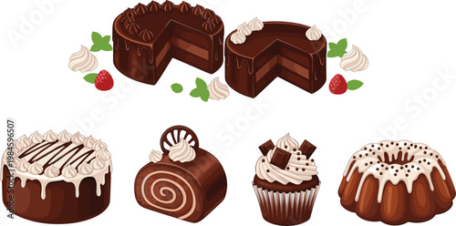 Chocolate Cake and Dessert Collection with Layered Cakes Swiss Roll Cupcake and Bundt Cake Sweet Bakery Food Vector Illustration Set