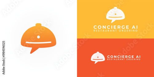 A minimalist logo combining a cloche and a speech bubble to symbolise AI-driven ordering and hospitality. The central dot represents intelligence creating an identity that is approachable and seamless