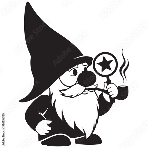 Black and white gnome, wizard hat, holding star magnifying glass, coffee cup, vector illustration