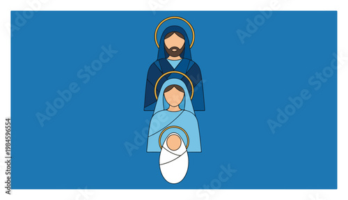 Holy Family Nativity Scene Flat Illustration, Mary Joseph and Baby Jesus Religious Christmas Icon Vector
