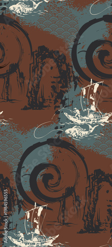 fishman cliff abstract seamless pattern design brush strokes japanese chinese vector ink traditional asian design isolated