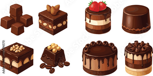 Chocolate Dessert Collection with Cakes Brownies Truffles and Layered Pastries Sweet Bakery Food Vector Illustration Set