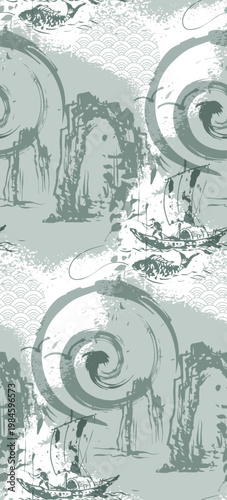 fishman cliff abstract seamless pattern design brush strokes japanese chinese vector ink traditional asian design isolated