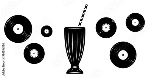 Retro Diner Milkshake and Vinyl Records Set, Vintage 1950s Style Soda Glass and Music Discs Vector Illustration