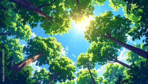 Sunlit treetops framing azure heaven from woodland floor. Fresh foliage opening bright seasonal vista upward. Vibrant arboreal scene for eco travel wellness themes