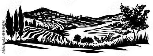 Vineyard Landscape in Tuscany Silhouette, Mediterranean Rolling Hills and Village Scene, Wine Country Rural Nature Vector Illustration