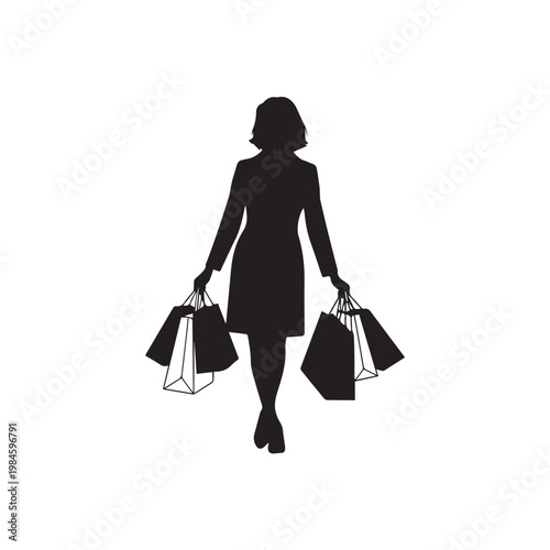 Silhouette of a Fashionable Woman Walking with Multiple Shopping Bags