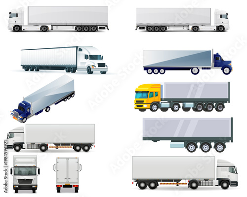 Set of White Semi-Trucks and Cargo Trailers for Logistics and Freight Transportation Isolated on White Background