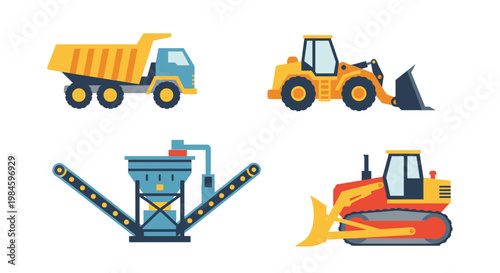 Construction Machinery Set Featuring Dump Truck Loader Bulldozer and Conveyor System Vector Illustration for Industrial Site Planning and Heavy Equipment Projects
