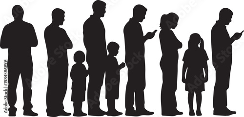 Diverse group of people in a queue silhouette, people standing in line, waiting and using mobile phones