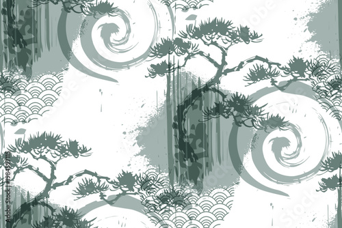 pine tree abstract seamless pattern design brush strokes japanese chinese vector ink traditional asian design isolated