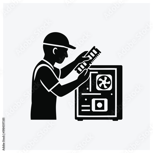 Silhouette of technician repairing computer hardware