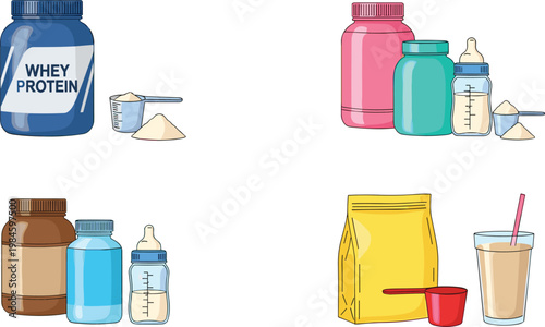 Protein Supplement Collection with Whey Protein Powder Bottles Shaker Containers and Fitness Nutrition Drink Vector Illustration Set