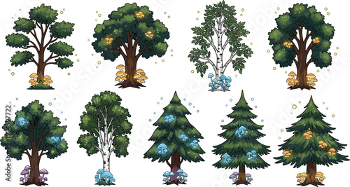 Set of seasonal forest trees with mushrooms and foliage vector illustration collection for nature landscape design elements