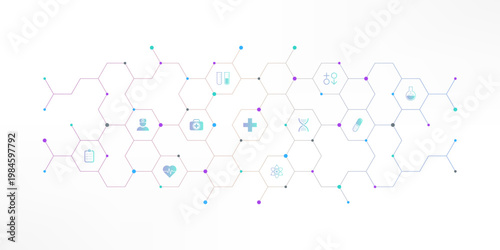 Medical background and healthcare technology with flat icons and symbols. Concept and idea for health care business, innovation medicine, health safety, science, medical research, and development.