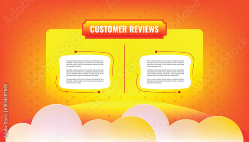 Modern customer reviews layout with two speech bubbles on an orange-yellow gradient background. Creative vector template for business testimonials, feedback, and client ratings.