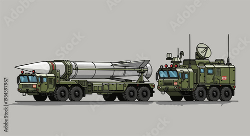 Illustration of a powerful military missile launcher truck and a radar command vehicle ready for strategic defense.