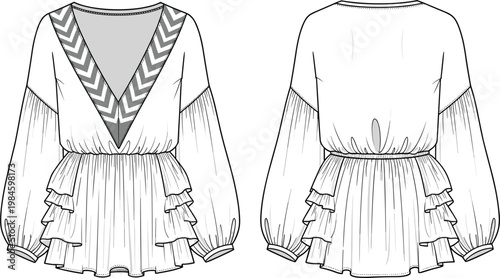 Women elegant bohemian blouse technical sketch vector featuring deep V neckline with chevron pattern long puff sleeves and tiered ruffle peplum hem for apparel design.