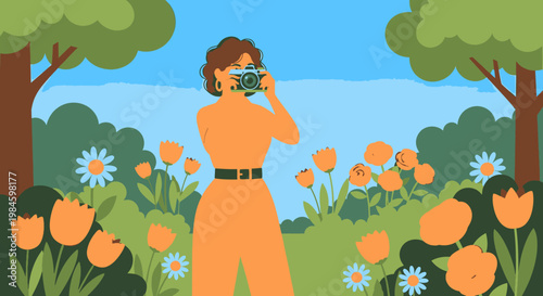 Woman taking photos in a garden.