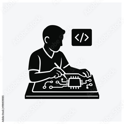 Electronics engineer working on circuit board, coding icon