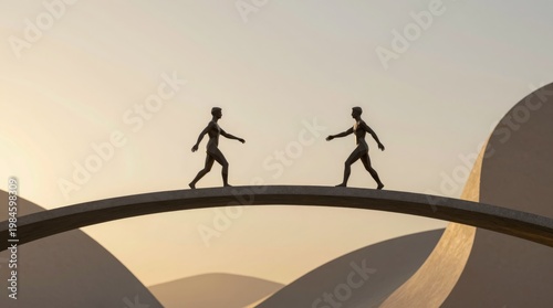 Human Figures Walking on Abstract Bridge Against Soft Sunset Background