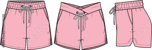 Technical Fashion Flat Sketch of Women Pink Casual Shorts with Elastic Drawstring Waistband and Crossover Detail Front Back and Side View Vector Illustration for Apparel Design