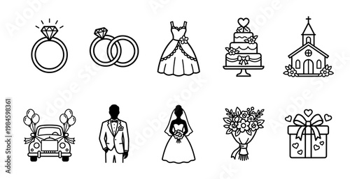 Wedding line icons set with ceremony and celebration symbols