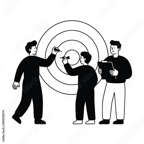 Team hitting target in mono-line vector style.
