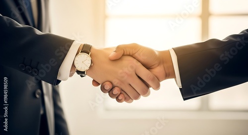 Successful business partnership illustrated by a firm handshake between two professionals in a bright, modern office setting
