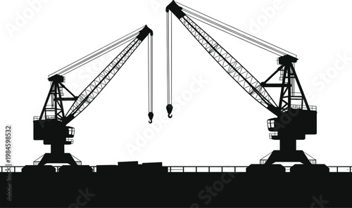 Harbor cranes silhouettes, industrial port machinery for shipping and cargo loading illustration