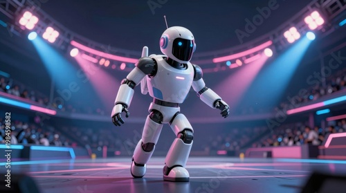 Futuristic Robot Walking in a High-Tech Arena Setting