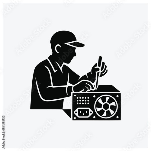 Silhouette of technician repairing computer hardware