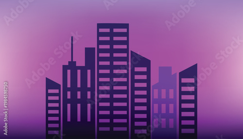 Modern purple city skyline silhouette with neon glowing windows on a vibrant gradient background. Minimalist urban night cityscape ideal for technology,