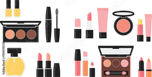 Makeup Cosmetics Collection with Lipstick Mascara Eyeshadow Blush and Beauty Products Flat Vector Illustration Set for Fashion and Beauty Design