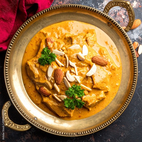 Rich korma curry with almonds and cream, royal Indian palace style background