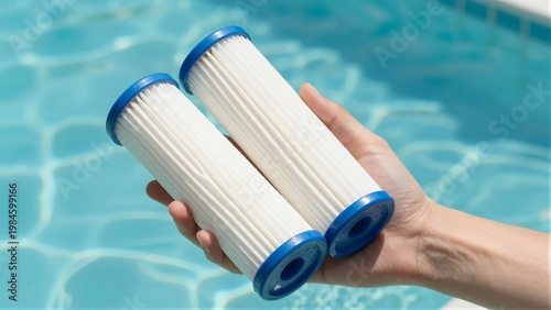 Hand holding two white and blue pool filter cartridges over a clear blue swimming pool with soft focus background.
