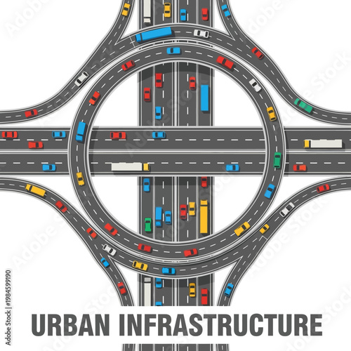 Busy highway interchange, circular traffic flow, urban transportation, aerial view