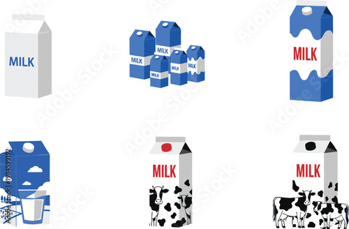 Milk Carton Packaging Set with Various Dairy Box Designs Cow Pattern Labels and Beverage Containers Vector Illustration Collection