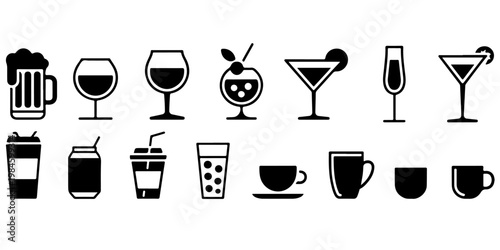 Collection of beverage and drink icons including beer mug, wine glasses, cocktails, soda cans, coffee cups and takeaway drinks