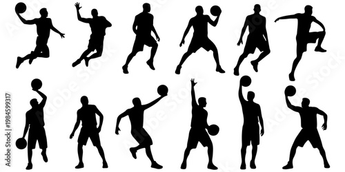 Set of basketball player silhouettes in action poses including shooting, dribbling and passing