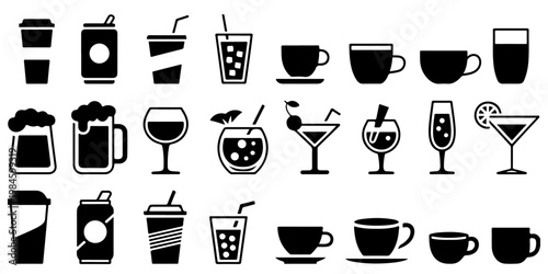 Collection of beverage and drink icons including beer mug, wine glasses, cocktails, soda cans, coffee cups and takeaway drinks